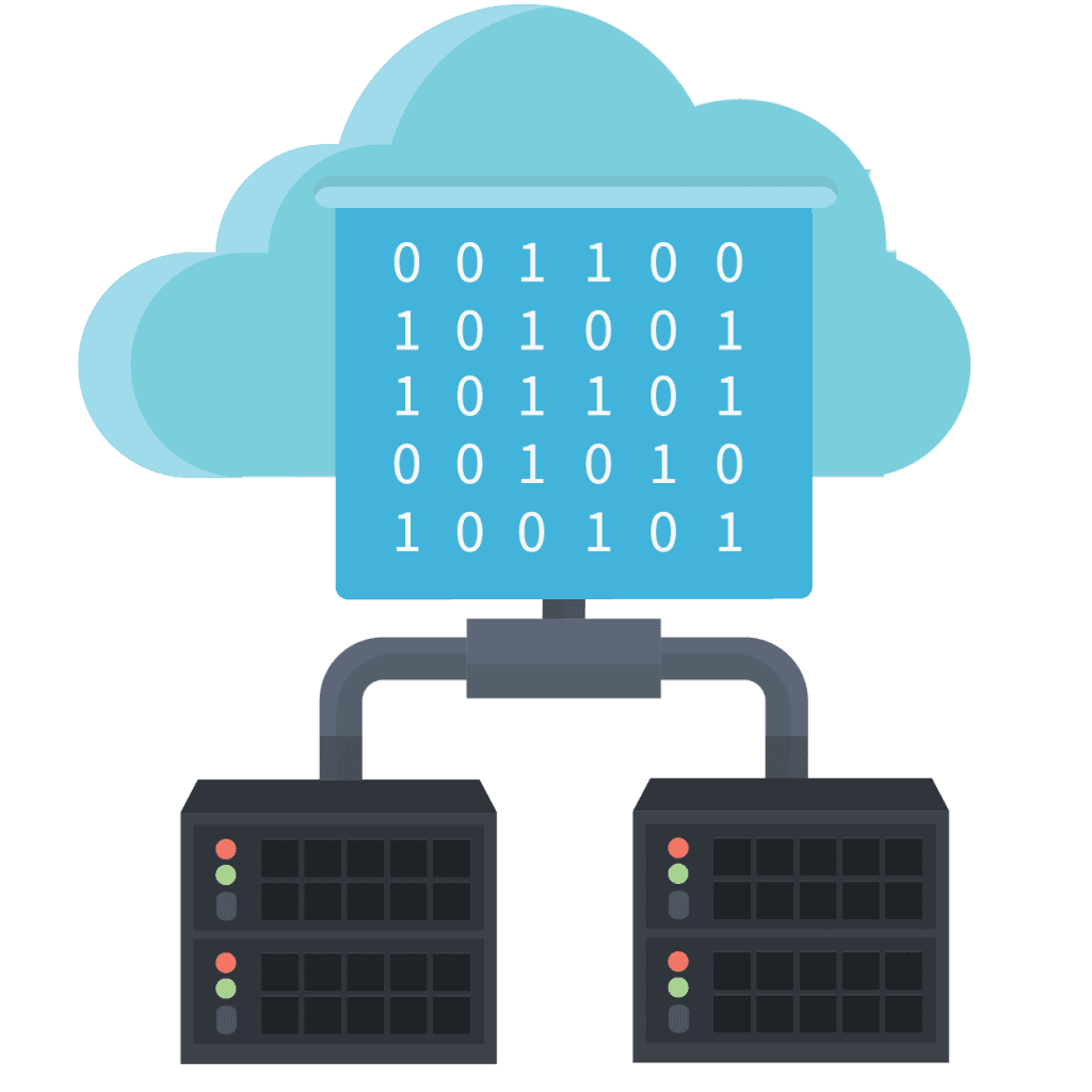 Graphic showing two software systems with 1s and 0s, to show moving information from an old software system to a new.