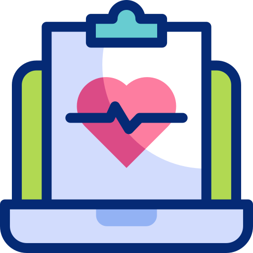 Graphic of laptop with heart and graph on screen to represent centralised software system.