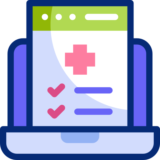 Graphic of laptop screen with medical information., represent practice and patient management systems.