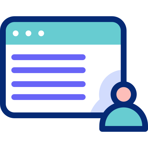 Graphic of computer screen and person, represent practice and patient management systems.