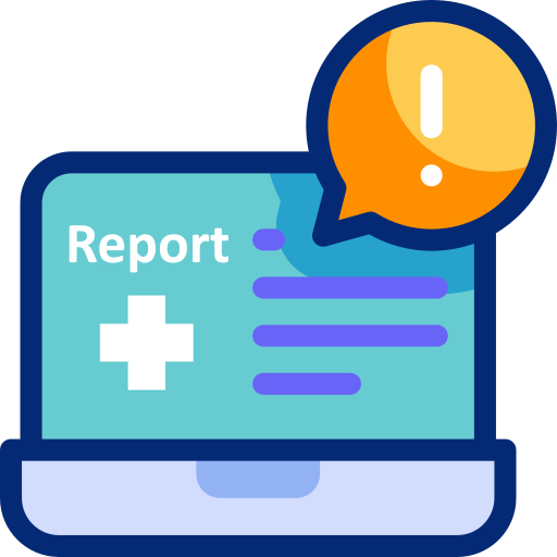 Graphic of laptop screen with report and a medical cross.