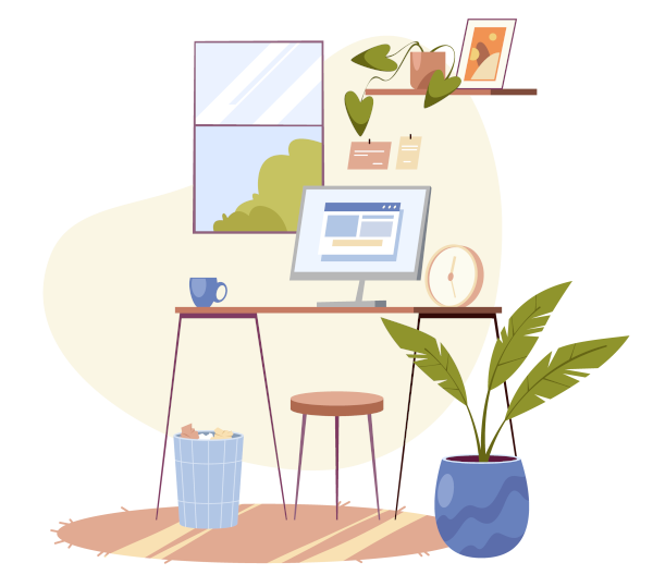 A modern office with a computer on a desk with plant and screen for digital operations.