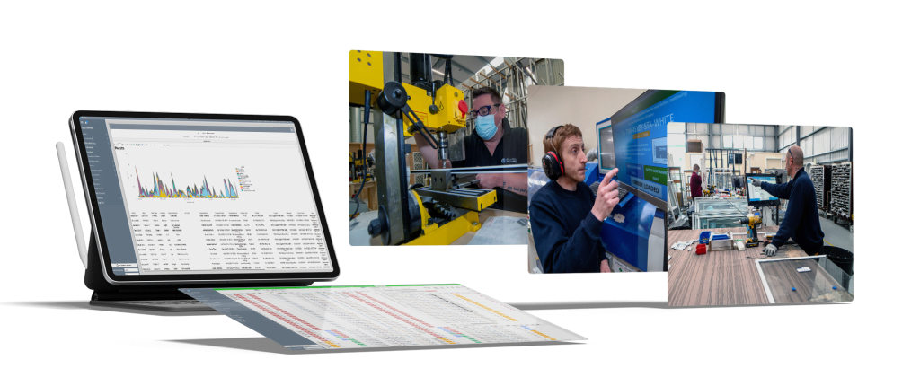 Photo of computer screen and photos of factory for Granada Glazing to represent automation of systems.