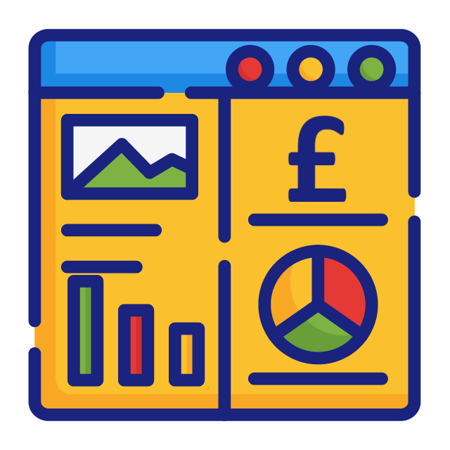 Small graphic showing a computer screen with a pound sign and a downward graph.
