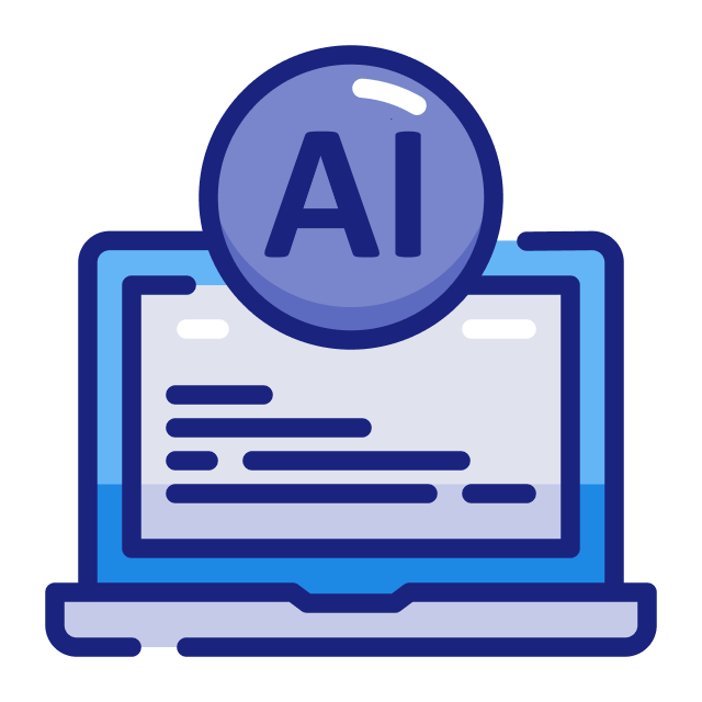 Small graphic of laptop screen with AI in a circle.
