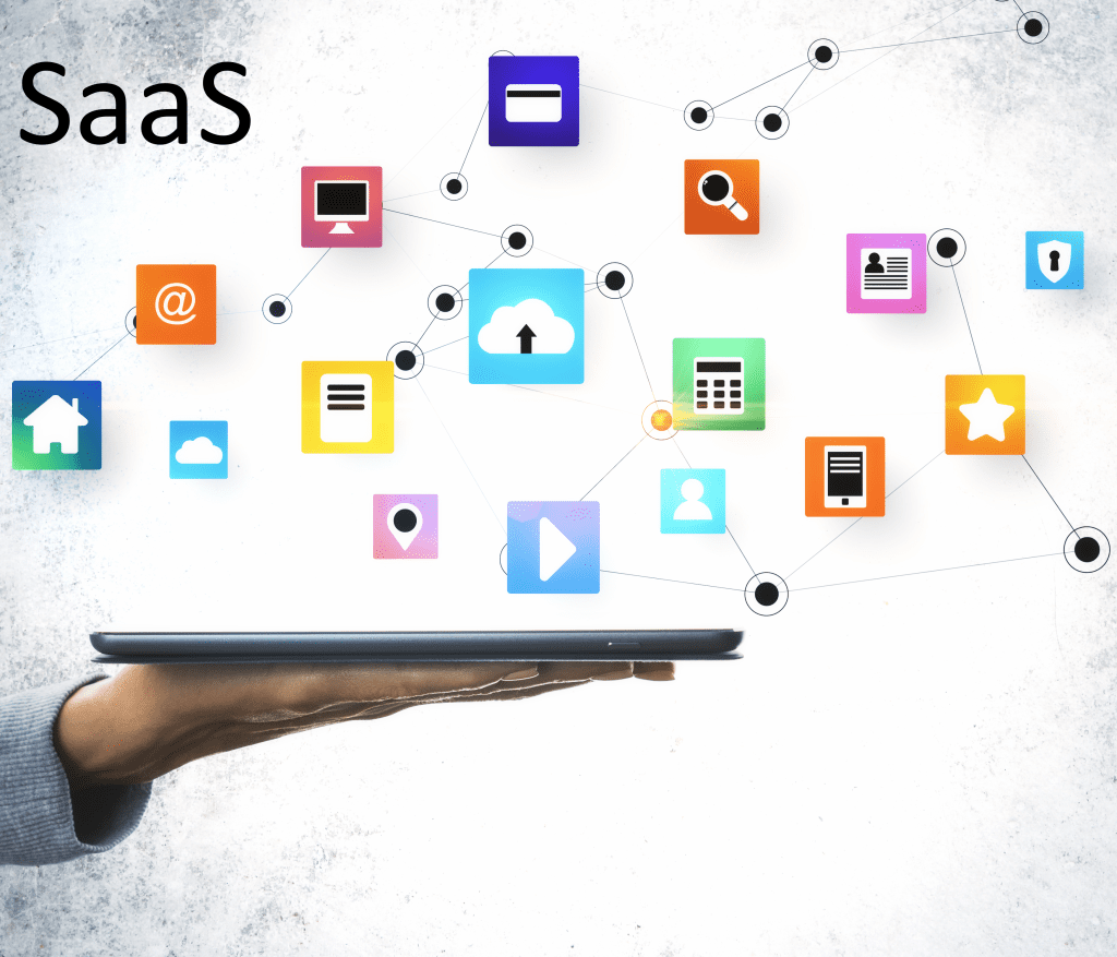 Photo showing a hand with a tablet and icons above the tablet and the word SaaS.