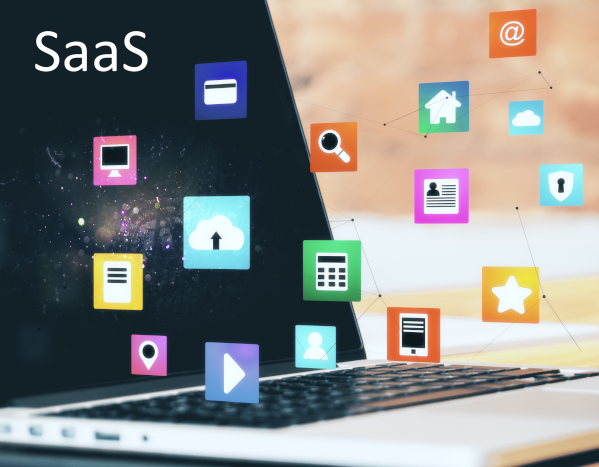 Photo showing a laptop screen and icons on the screen and the word SaaS.
