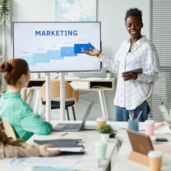 Marketing example, photo showing marketing meeting. 