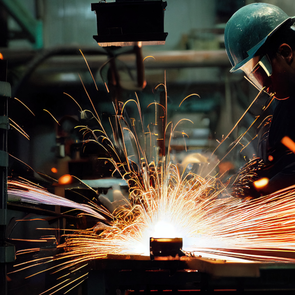 Image of a man welding in a factory, to represent manufacuring.