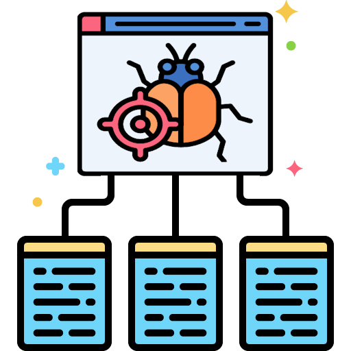 Testing Principles - Graphic showing various lines of code and a bug.