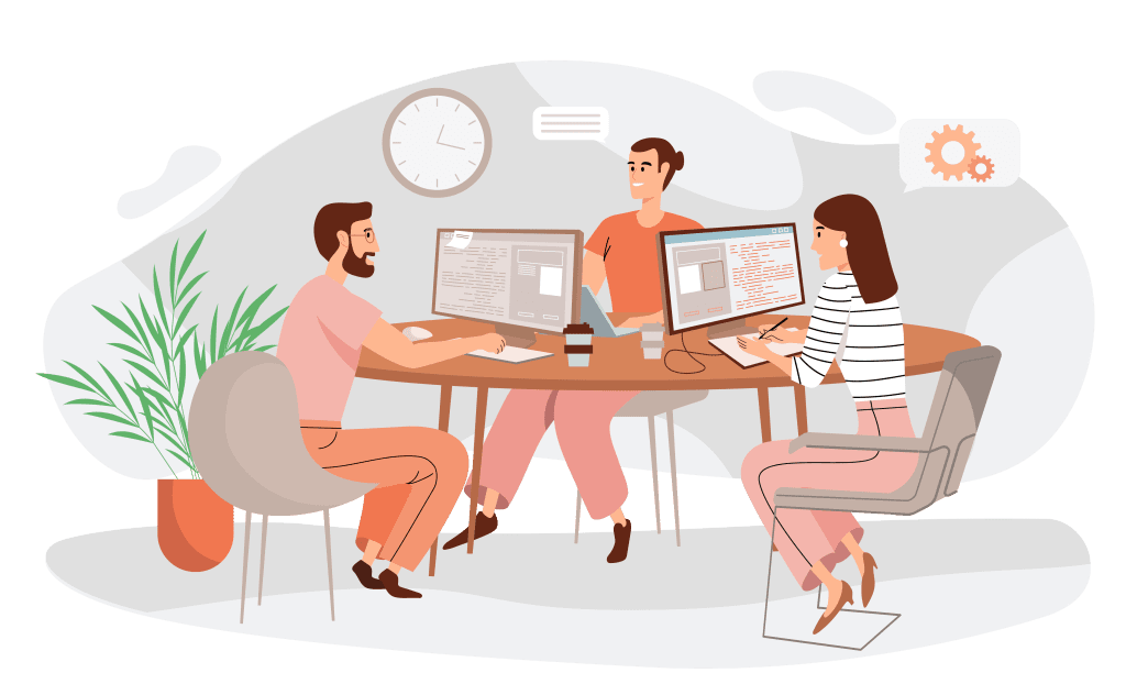 Graphic showing a software software development team and a software consultant.