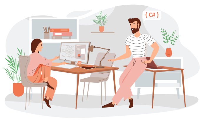 Graphic showing people discussing software development and consultancy.