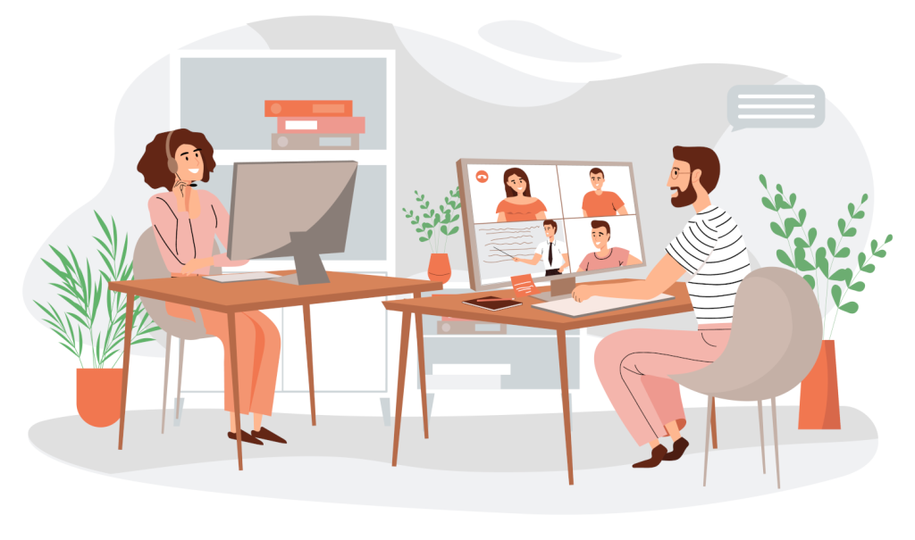 Graphic showing people discussing software development and consultancy in an online meeting.
