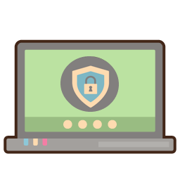 Graphic of a laptop with lock on screen, to represent web-based application software, security first.
