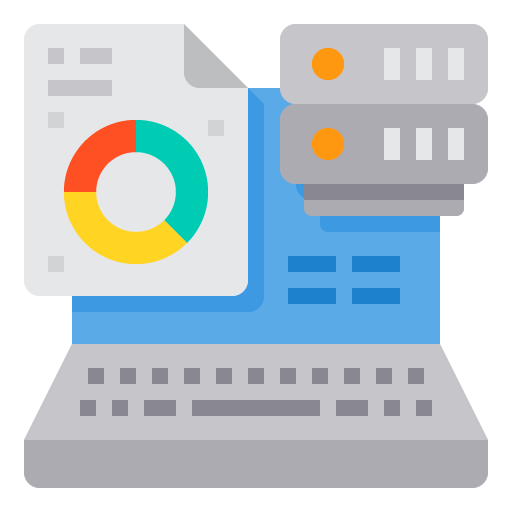 Graphic showing a laptop screen, server and laptop to represent business intellgience Software.