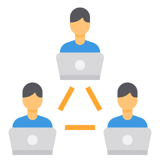 Graphic showing 3 people with laptops to represent customer relationship management Systems.