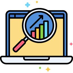 Graphic showing laptop with magnifying glass on the screen to represent SEO.