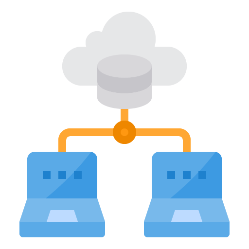 Graphic showing a two computers connected to a cloud database to repesent an ERP system.
