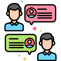 Graphic showing 2 people communicating with speech bubbles over social media.