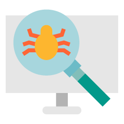 Graphic showing a bug on computer screen and magnifying glass to represent software testing.