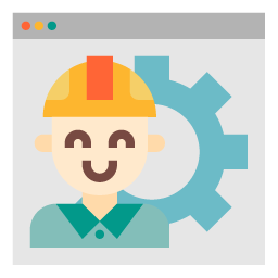 Graphic showing man in hard hat and setting on computer screen to represent software maintenance.