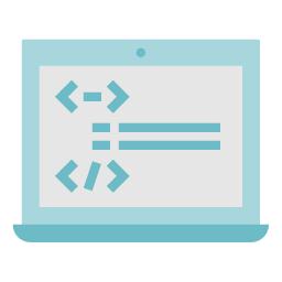 Graphic showing laptop with code on screen to represent software development.