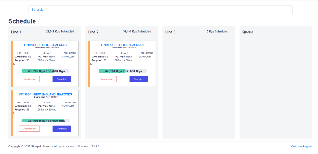 Case Study photo for Sharpak Romsey showing a screen for scheduling plastic production.