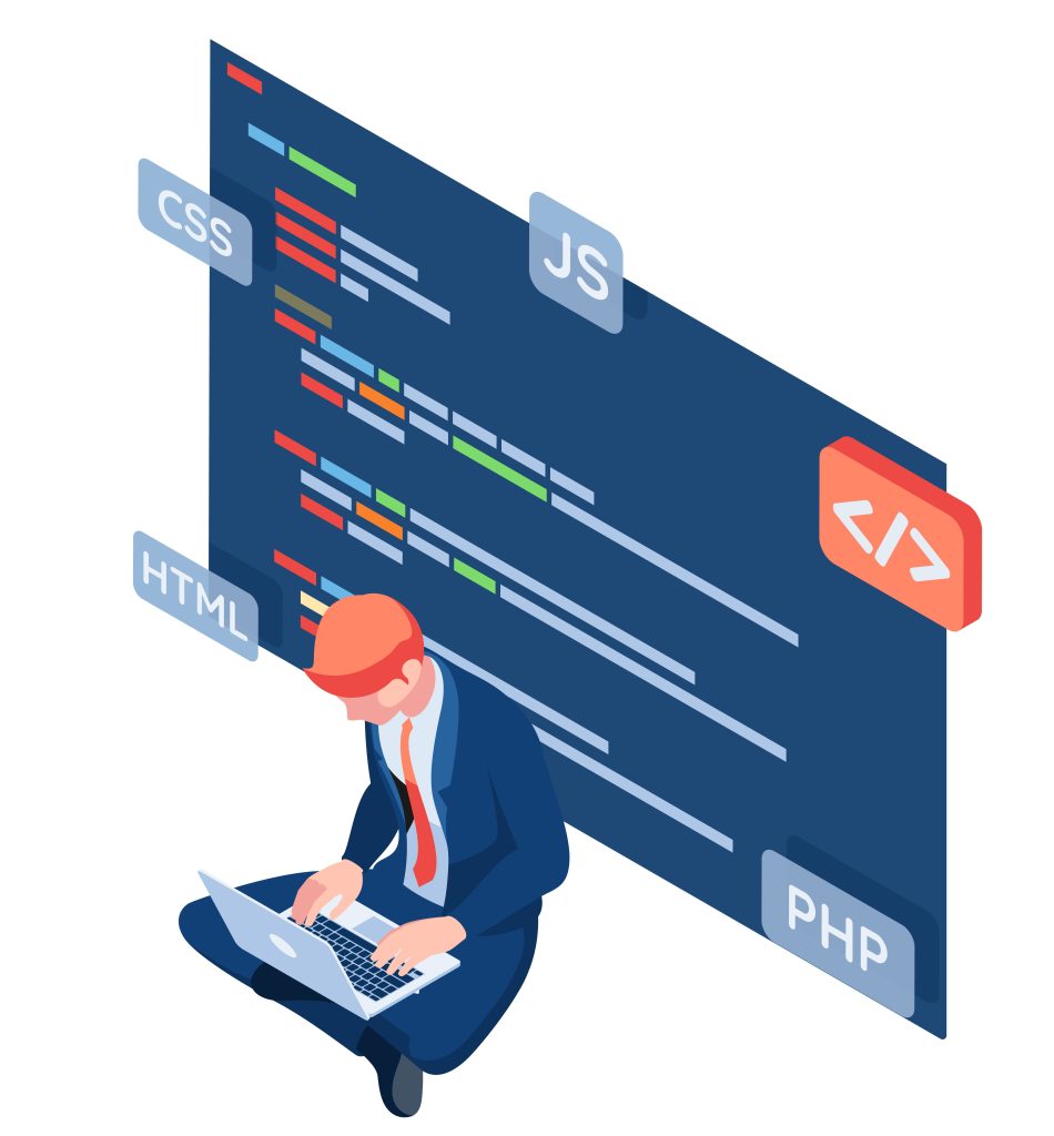 Graphic showing a software developer coding to represent things to consider when thinking of employing bespoke software.