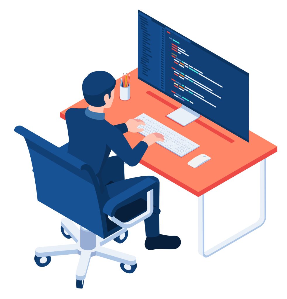 Graphic showing a software developer coding at a desk, to represent the advantages and disadvantages of bespoke software, disadvantages section.