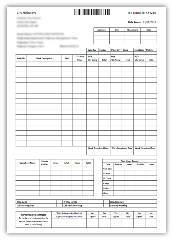 Image of software developed by us showing a printed paper job card with a barcode at the top, to represent one our development software services, in a real-world example of Barcode Integration.