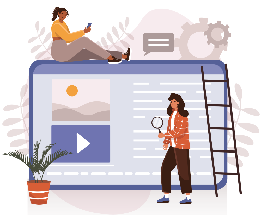 Graphic of 2 people stood in front of a computer screen discussing user experience, one a client and the other a user experience consultant.