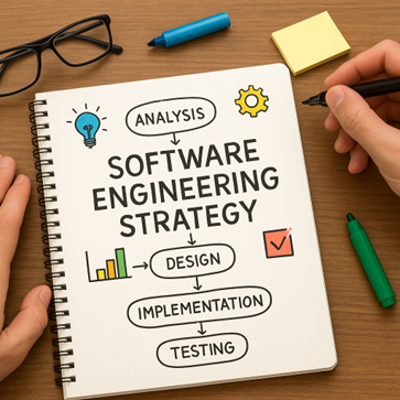 Photo of a notebook with the wording Software Engineering Strategy