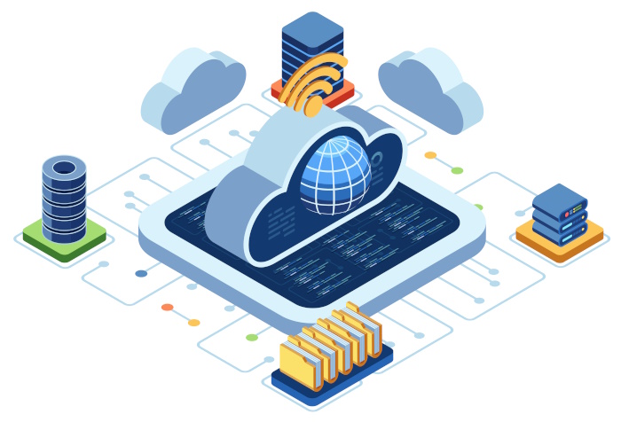 Graphic showing a cloud with a world globe in it and servers, folders and other clouds surrounding it, with connections.