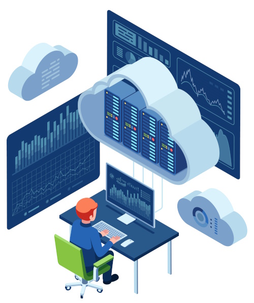 Graphic man sat at a desk using a computer with is connected to a large cloud, with servers in the cloud.