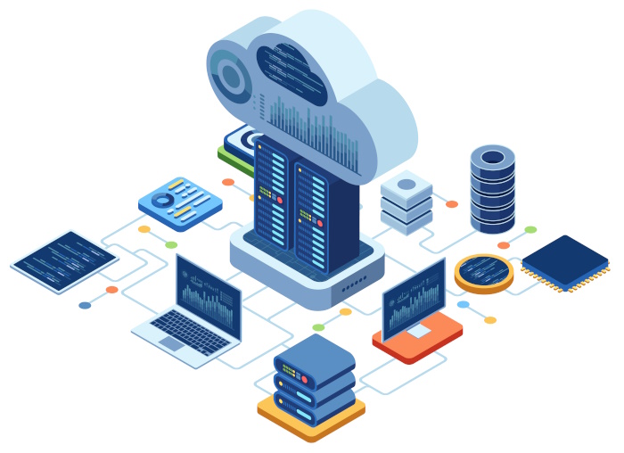 Graphic showing a cloud above 2 servers and graphs on the cloud, surrounded by laptops, servers and other technologies.