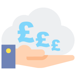 Graphic showing a cloud in a hand, with pound signs getting smaller to represent lower costs in the future.