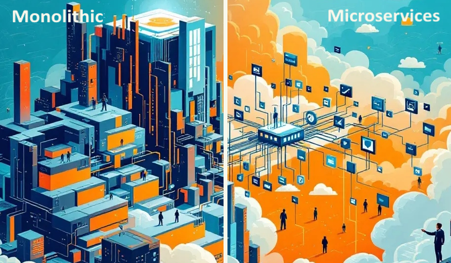 Graphic showing an image representing a monolithic computer architecture and on the other side a microservices architecture.