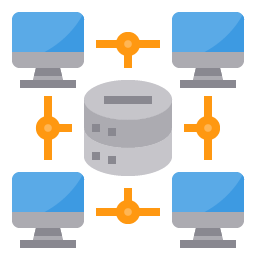 Graphic of a database surrounded by monitors , to represent a Modular Monolith