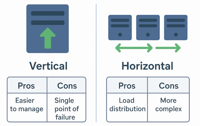 Graphic showing one server and a line of servers to represent vertical and horizontal scaling.