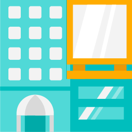 Graphic showing a large building and old monitor to represent monolithic legacy system.