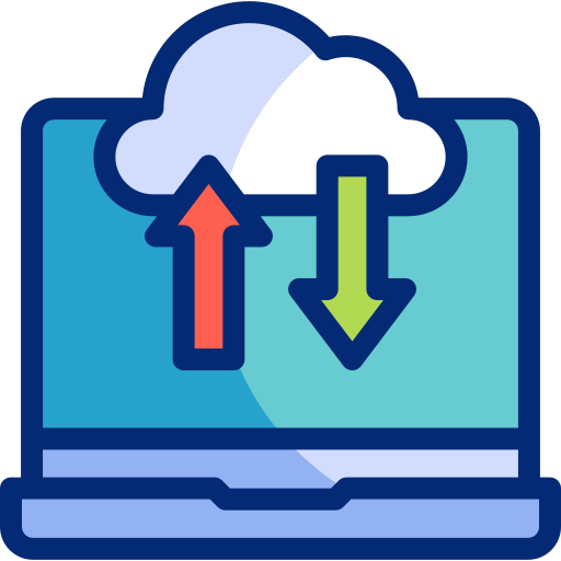 Graphic of laptop screen with up and down arrows to the cloud to represent updates and penetration testing.