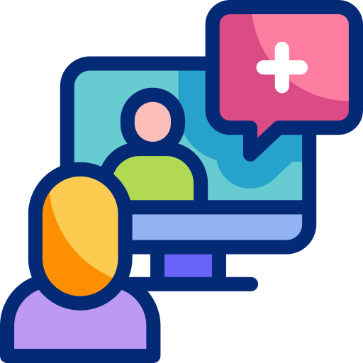Graphic of patient on computer screen talking to medical staff, representing remote health monitoring.