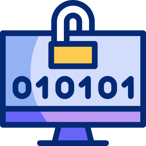Graphic of computer screens with encryption and a lock.
