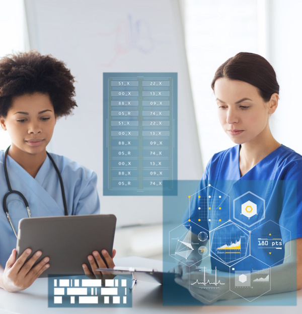Photo of medical staff using tablets with custom healthcare software views transparently overlaid.