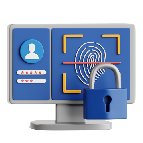 3D image of a monitor with a lock and fingerprint log in.