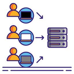 Small graphic showing a person and laptop with a black screen, another with a white screen and another with a grey screen and a server.