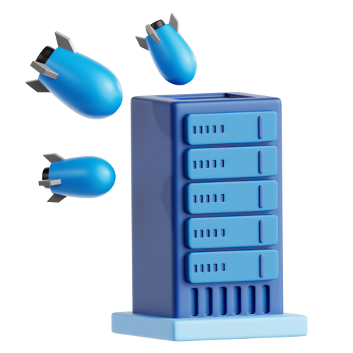 3D image of a server being bombarded with rockets.