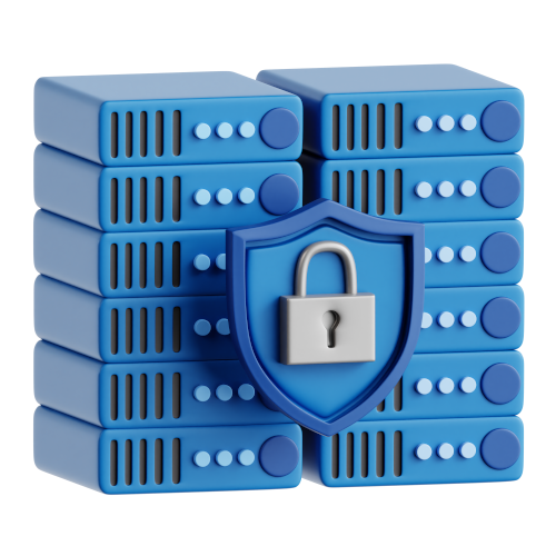 3D image of a server bank with a lock on it, to represent security measures to take.