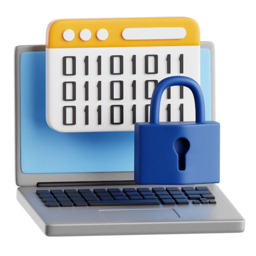 3D image of a binary code and a lock overlaying a laptop.