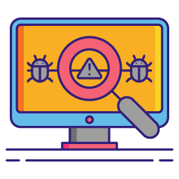 Small graphic showing a magnifier searching for computer bugs and infections.